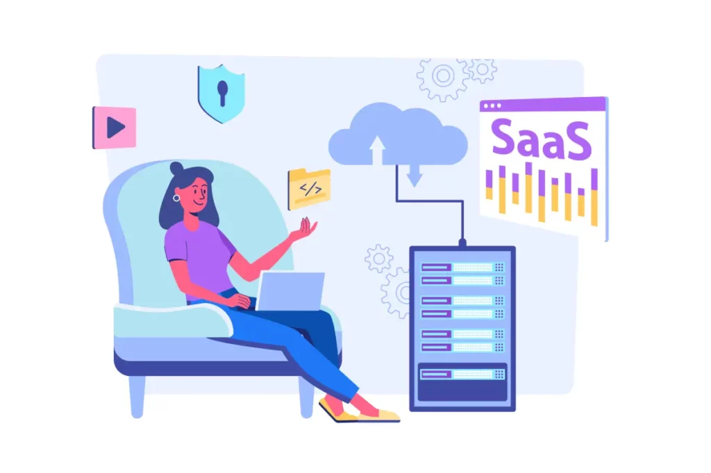 a women sitting on an armchair observing her secure, cloud-based SaaS payment gateway driving payment processing