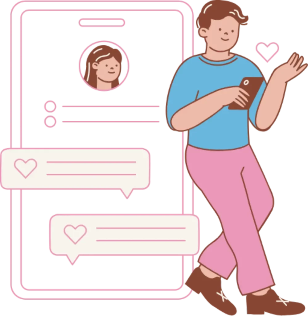 man wearing blue shirt and pink pants romantically messaging a woman on a dating platform on a cell phone and wondering is CCBill safe?