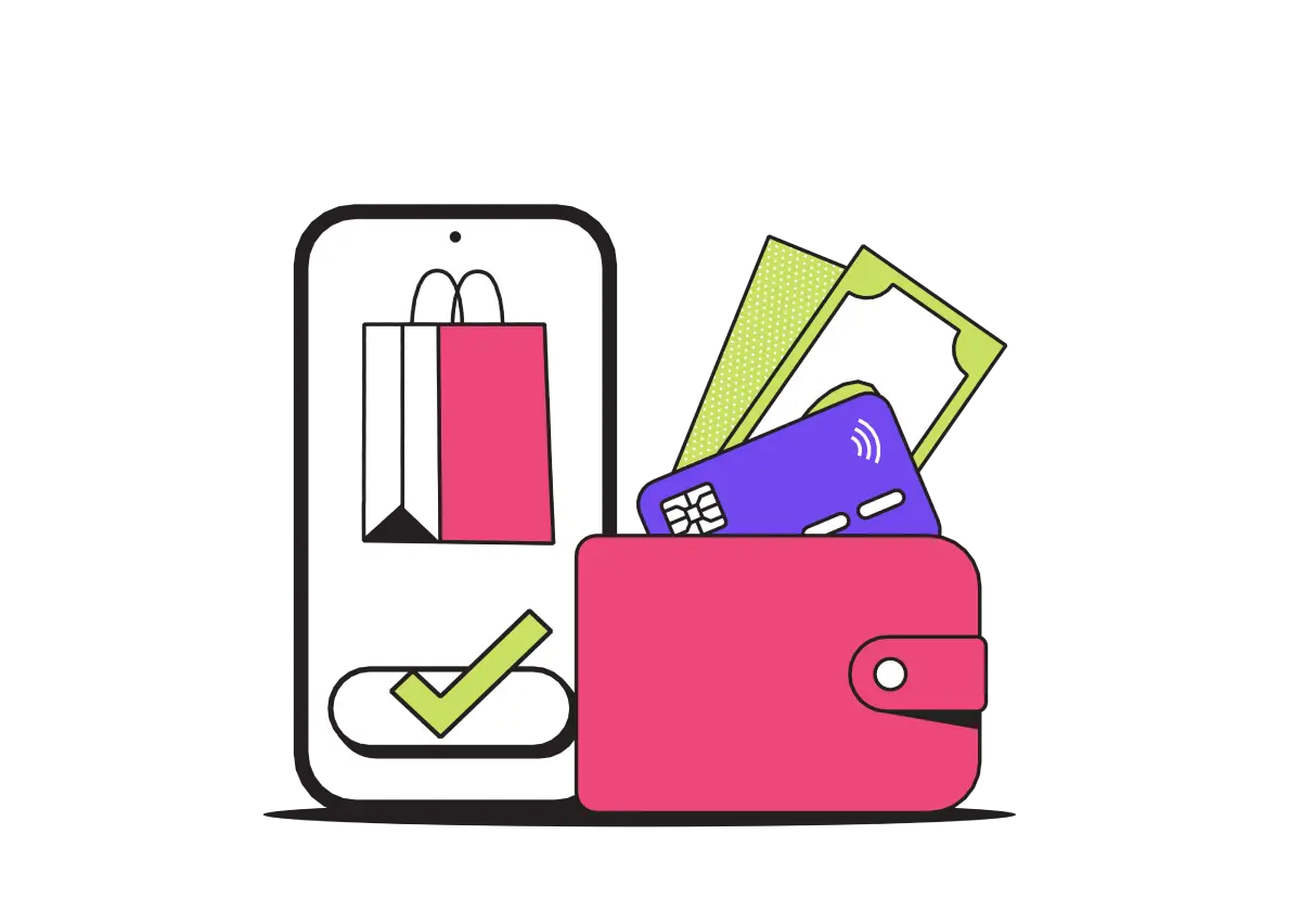 a mobile device showing a processed payment from digital payment solutions next to a pink wallet with a credit card and cash sticking out of it