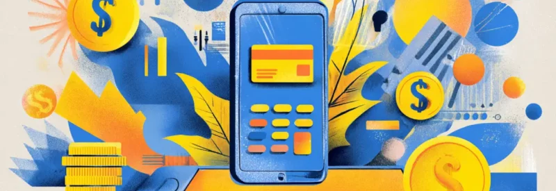 blue mobile device with orange credit card on the screen using digital payment services as coins with dollar sign float in the air