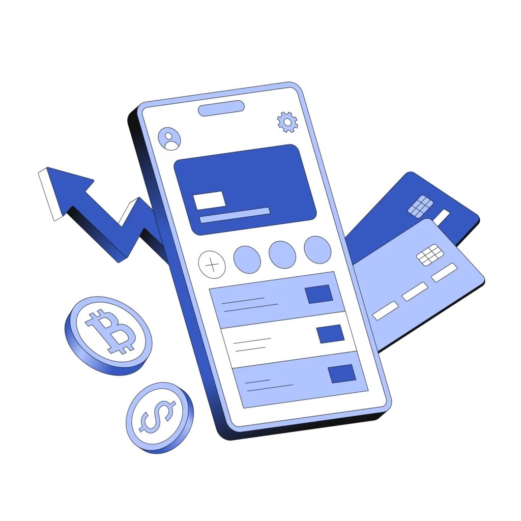 a cell phone showing a mobile wallet using digital payment technologies next to credit cards and a coin with a dollar sign