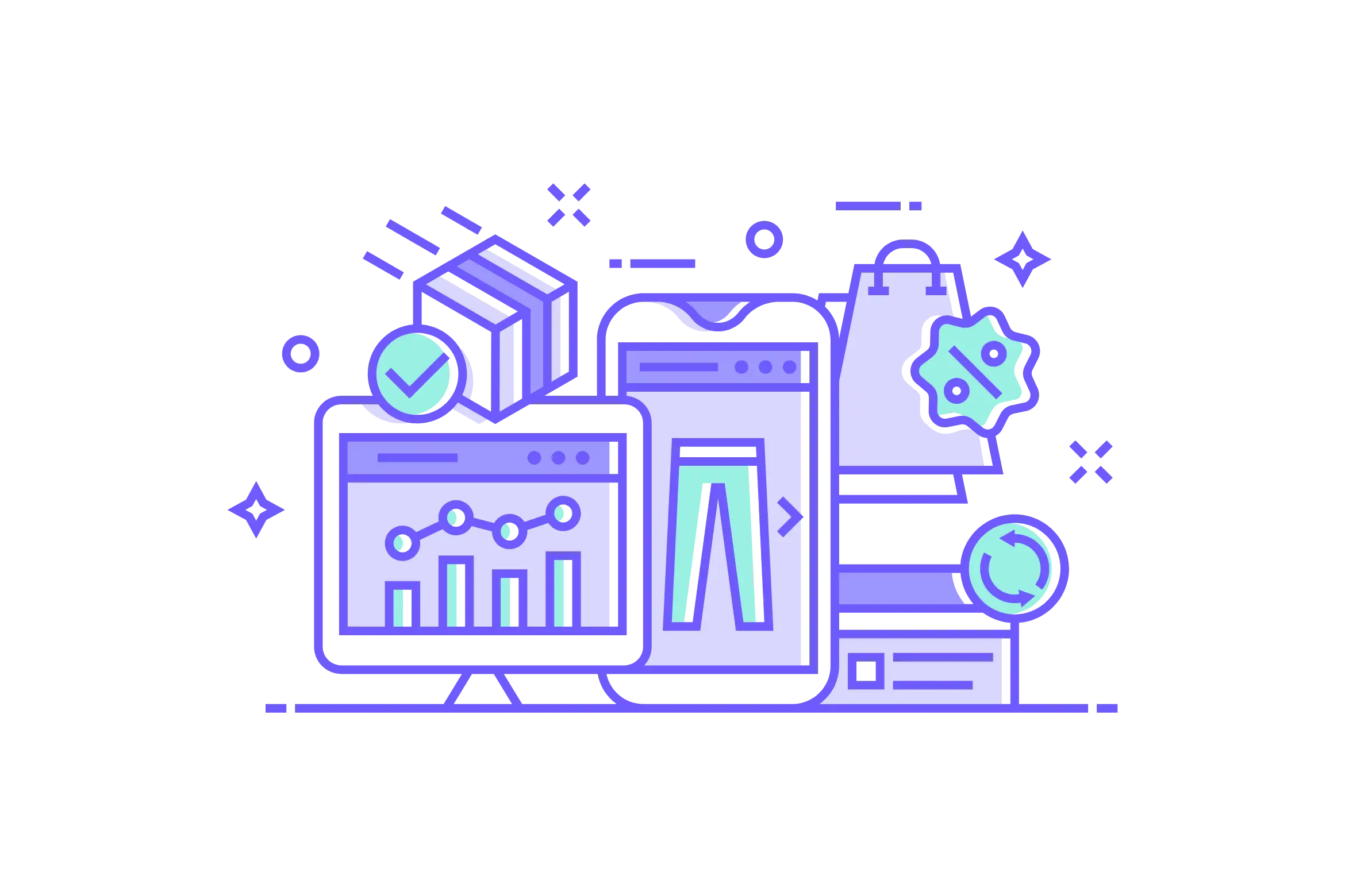 an eCommerce store's desktop analytics screen, mobile device Gumroad platform, shipping box, and credit card in light purple and aqua colors