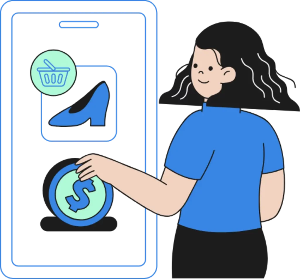 a woman in a blue shirt making a secure Gumroad payment on her mobile device for a pair of shoes 