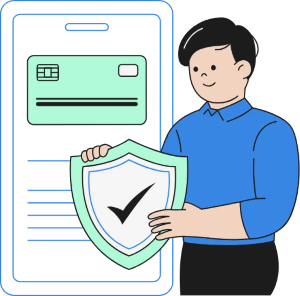 a man in a blue shirt holding a security shield in front of a mobile device showing a credit card on the Gumroad platform