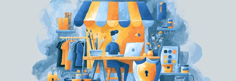 an eCommerce creator surrounded by clothing racks and paintbrushes selling products on his online storefront and wondering is Gumroad safe