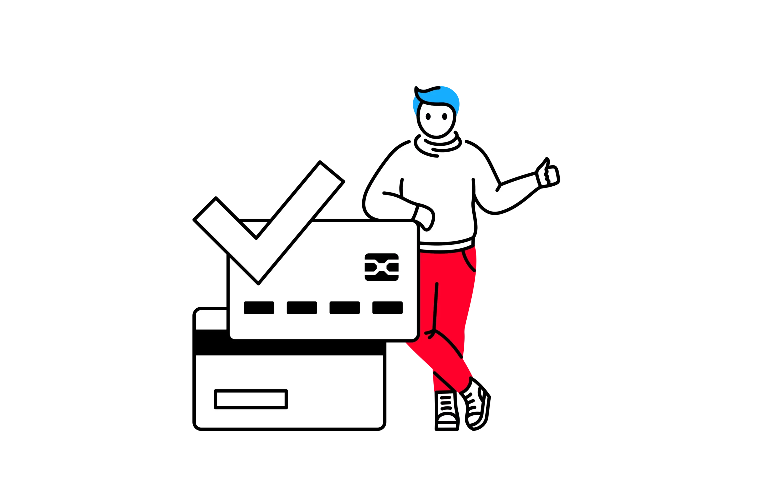 man in red pants standing with credit cards and a checkmark for approved recurring SaaS payment processing