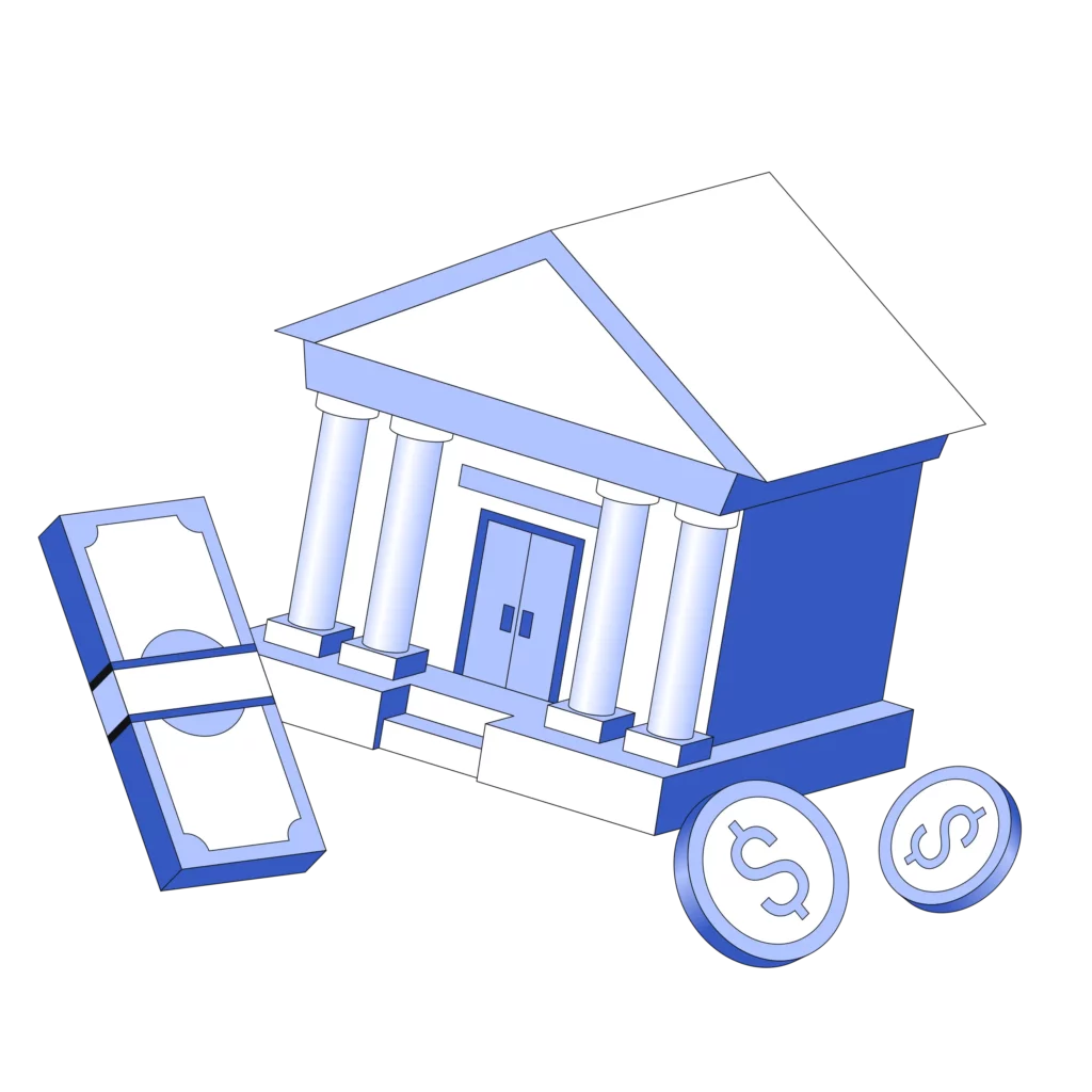 an acquiring bank, stack of cash, and coins with dollar signs as one considers payfac vs. payment processor in shades of blue
