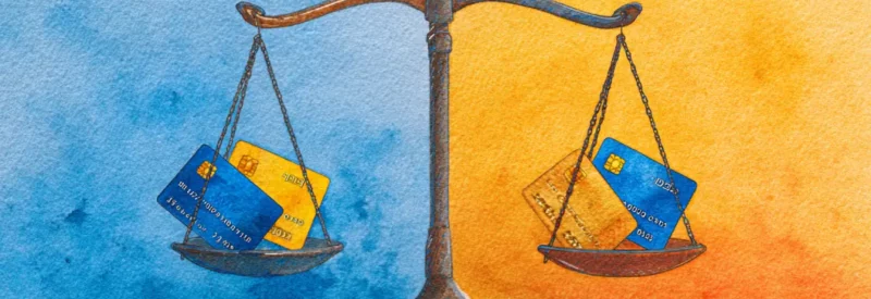 a scale weighing the pros and cons of payment facilitator vs. payment gateway represented by blue and orange credit cards