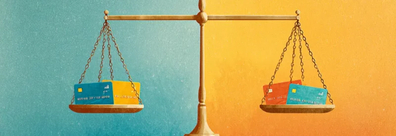 a scale weighting credit cards as the payment facilitator vs. payment processor debate against a blue and orange split background