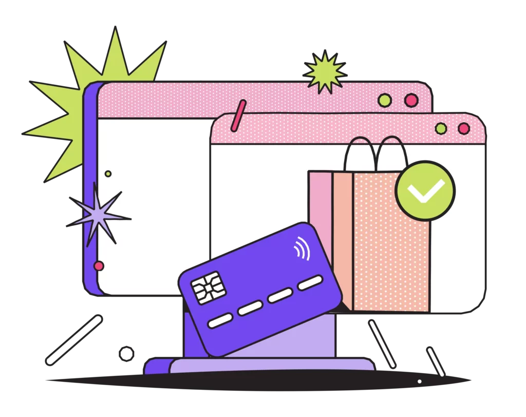 a payfac vs. gateway online checkout screen on a desktop computer showing print shopping bags, a purple credit card, and a green approved transaction checkmark 