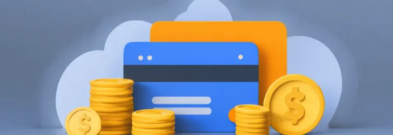 cloud-based SaaS payment processing services represented by blue and orange credit cards against a cloud surrounded by coins with dollar signs