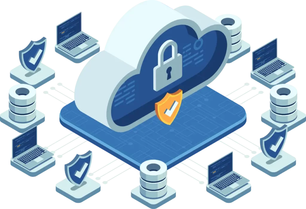cloud-based payment processing for SaaS companies with an orange security shield in front of interconnected computers utilizing API connection