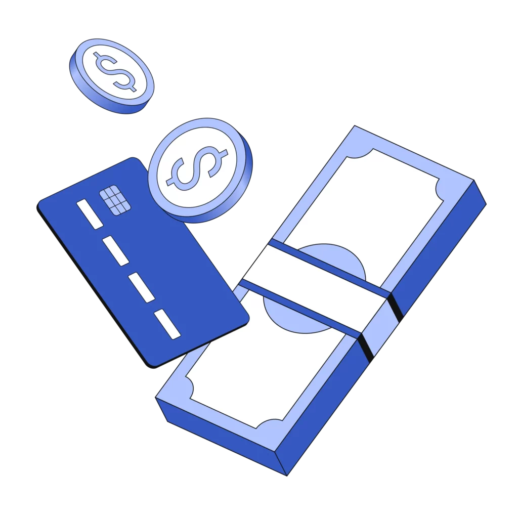 payment facilitator vs. payment processor revenues represented by a credit card, cash, and coins with dollar signs on them in shades of blue