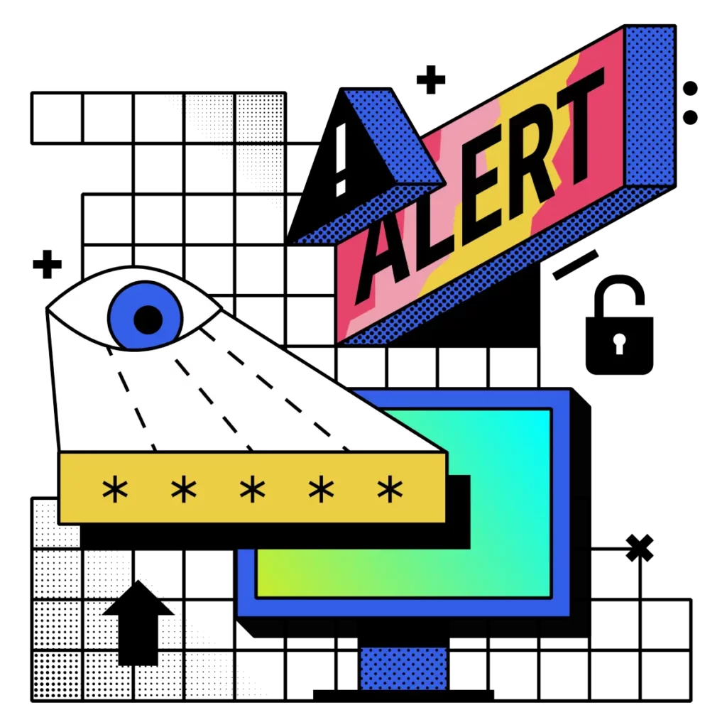 fraud alert, unlocked padlock, and a blue eye scanning an encrypted password in front of a computer showing how secure payment systems protect against cyber threats 