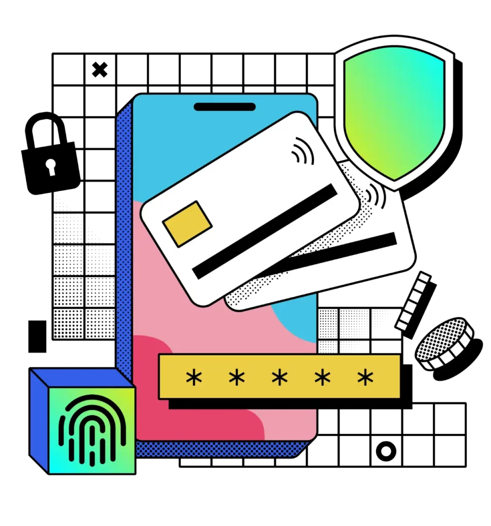 a security shield, padlock, fingerprint MFA, encrypted password, smartphone, and credit cards together as part of secure online payment systems