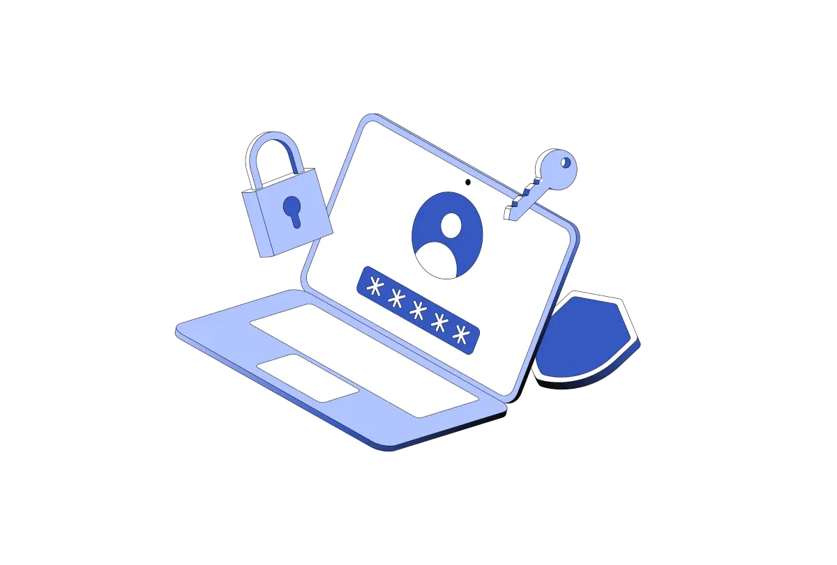 a light blue laptop with an encrypted login password, padlock, key, and security shield to represent secure payment methods