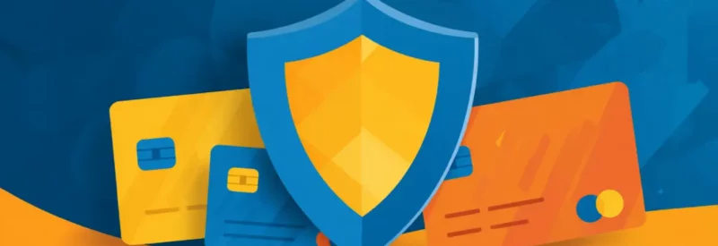 a blue and yellow security shield in front of blue, yellow, and orange credit cards showcasing secure payment systems