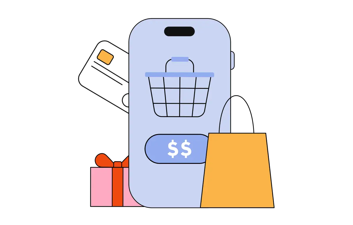 a shopping bag and credit card surrounding a purple mobile device checkout page utilizing a white-label payment gateway