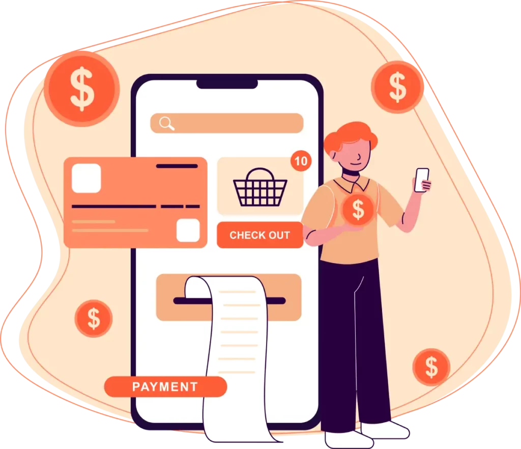 dollar signs around a man using a white-label payment processing solution checkout page on a mobile device