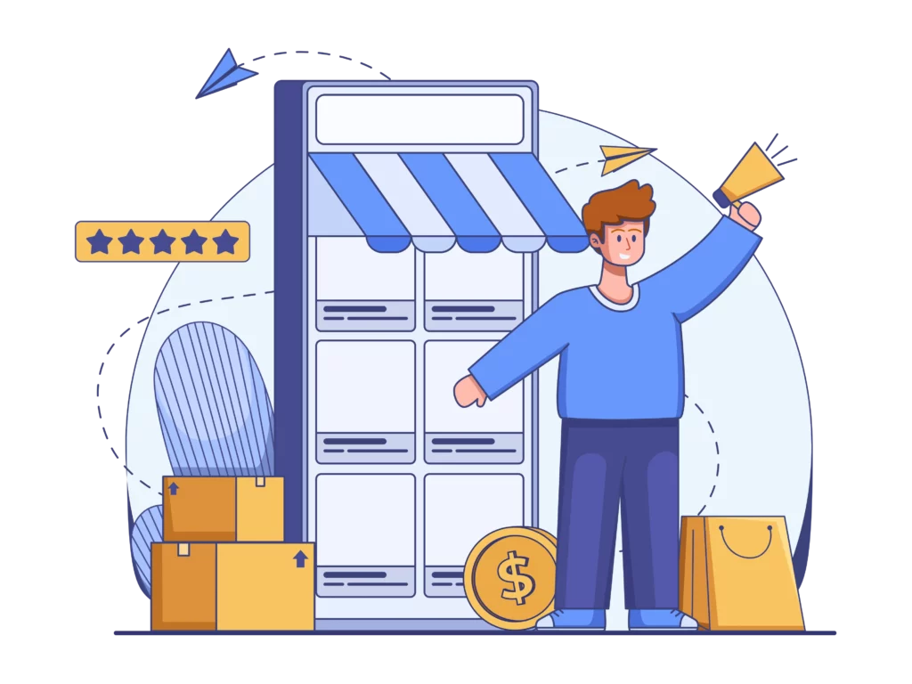 a man with a megaphone shouting about the best gumroad alternatives as he stands in front of an eCommerce mobile shop with high ratings, dollar signs, and shipment boxes