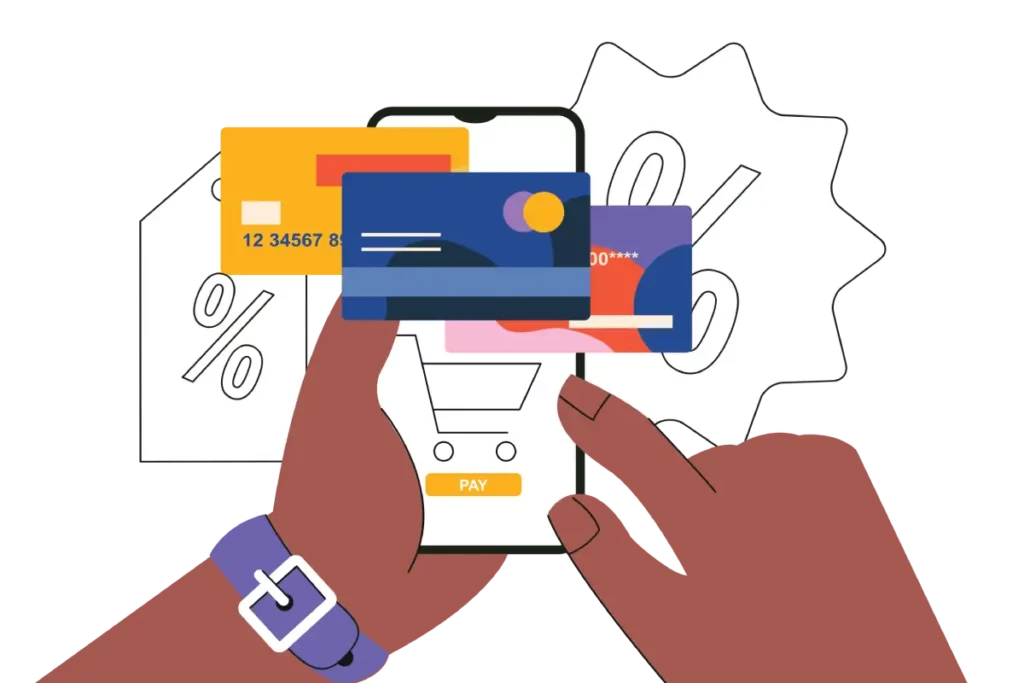hands holding a mobile device eCommerce checkout page that uses a credit card convenience charge, with percentage signs in the background