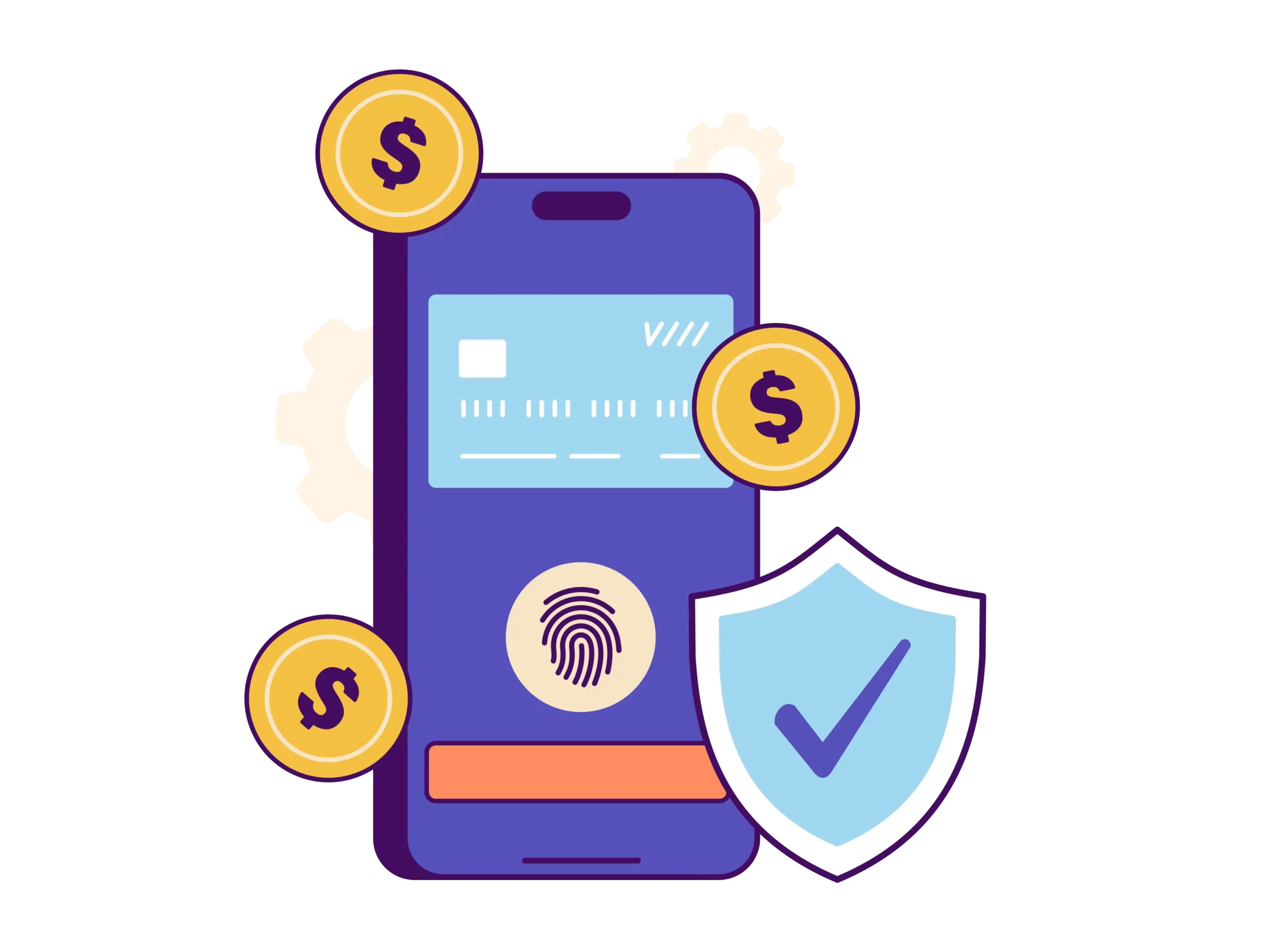 a mobile device using biometric security to protect a mobile wallet with chargeback fraud prevention, with dollar signs and a light blue security shield floating around it