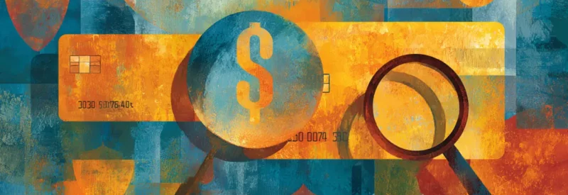 magnifying glass looking at dollar sign saved by chargeback fraud prevention with credit cards in the background