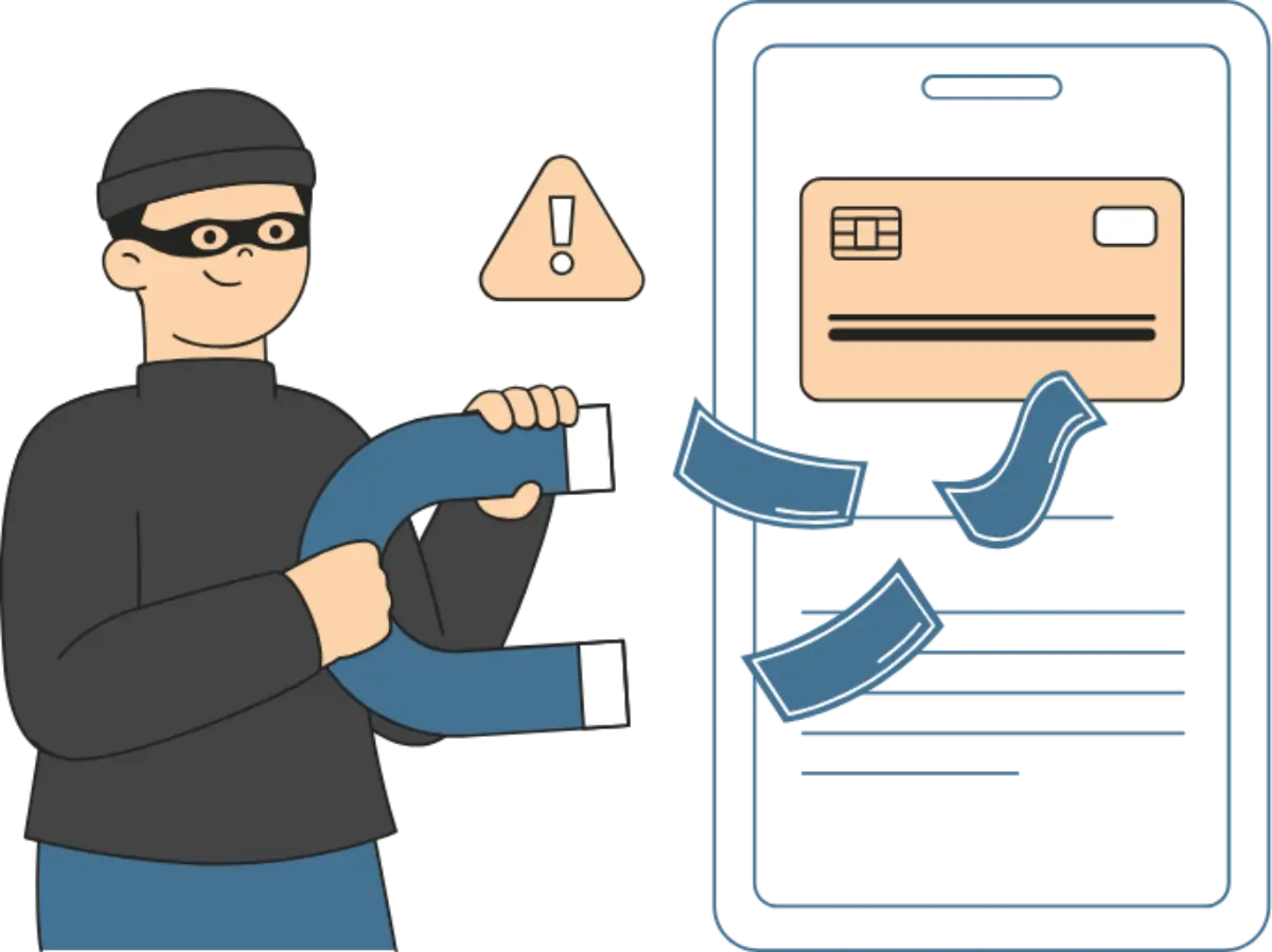 a burglar in a black turtleneck wearing a black cap on using a magnet to attract cash away from a credit card using chargeback fraud