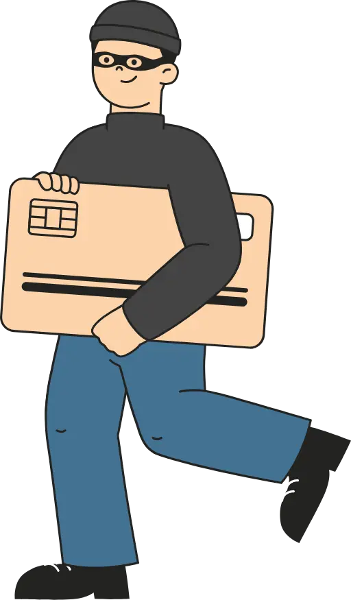 a fraudster in black clothing carrying a tan-colored credit card that he stole using chargeback scams