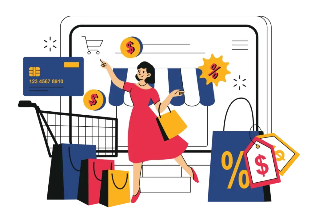 a woman wearing a red dress in an eCommerce cart checkout on a computer paying credit card convenience fees, surrounded by a credit card, dollar signs, shopping bags, and a percentage sign.