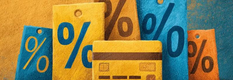a yellow credit card in front of several percentage signs on price tags showcasing the convenience charge at checkout
