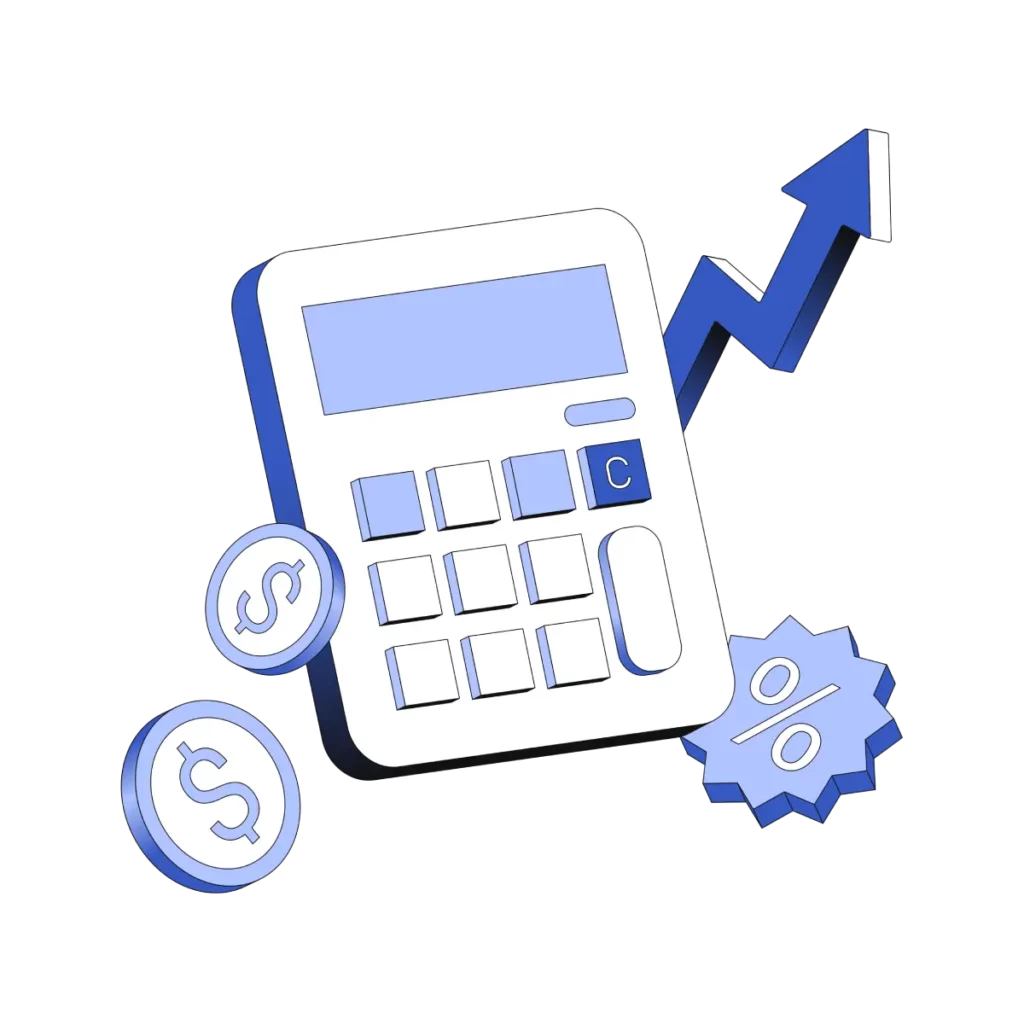 a calculator adding up savings after complying with credit card surcharge laws with a upwards arrow, dollar signs, and percentage sign surrounding it