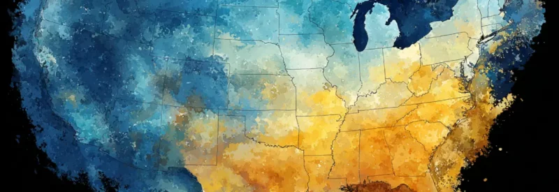 Blue and orange watercolor map of the United States representing credit card surcharge laws by state