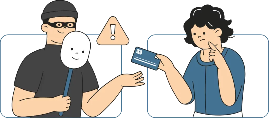 a scammer with a mask performing identify theft as an unsuspecting woman hands over her credit card for fraudulent chargeback purchases
