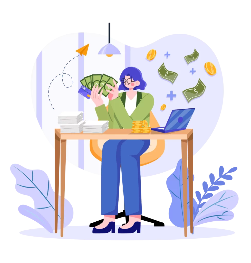 a creator business owner sitting at her desk with a laptop counting the money she's saved in transaction fees from gumroad alternatives